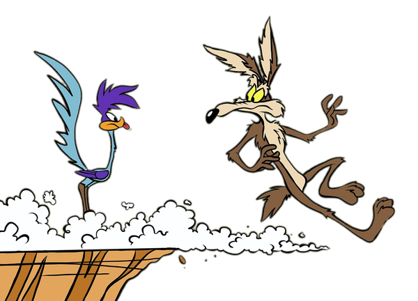 A picture of Wile E. Coyote and Roadrunner at the edge of a cliff, Wile E. Coyote having gone too far over the edg